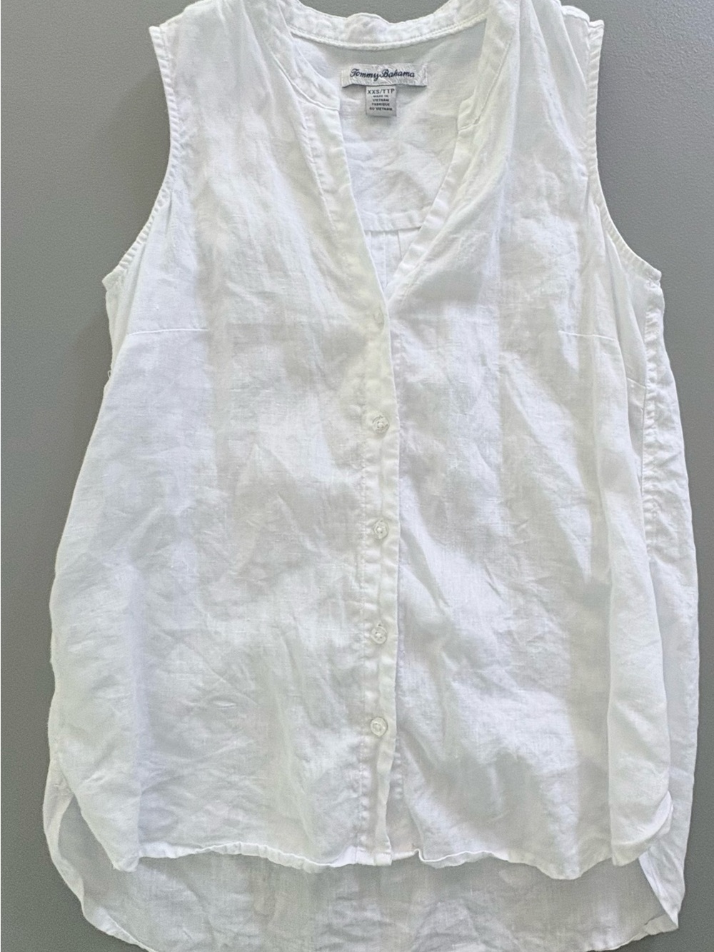 Tommy Bahama Women XXS White 100% Linen Sleeveless Popover Shirt Split Neck EUC
